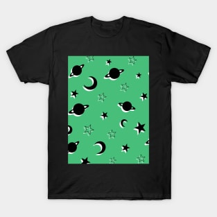 Space Planets and Stars Pattern on Green Background T-Shirt